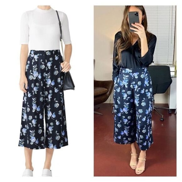 Becken Women's Floral Pleated Silk Blend Cropped Culottes Pants Navy Blue Size 6 - Picture 1 of 16